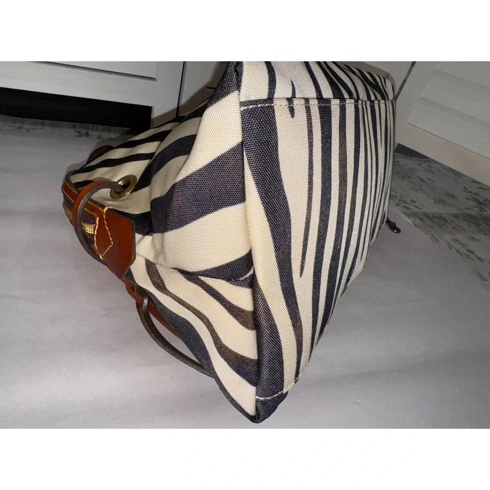 Dooney & Bourke Zebra Print Canvas Satchel Women Tan Black Leather Trim Medium
